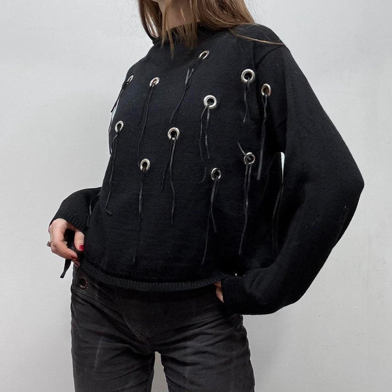 black knit eyelet studded jumper