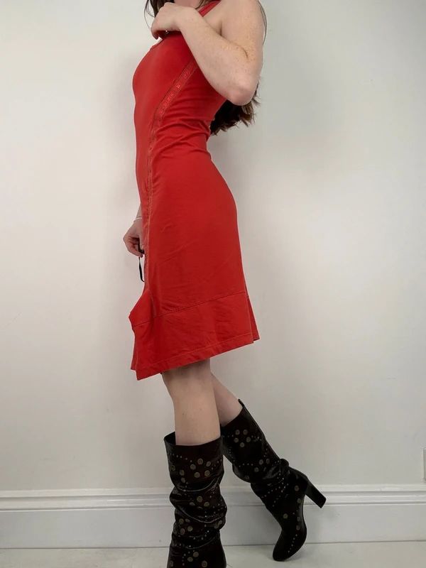 Marithé + François Girbaud gathered red midi dress