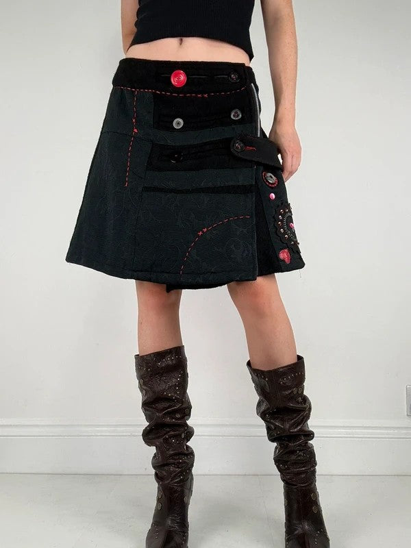 Flared black wool abstract button midi skirt