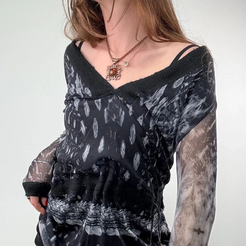Slouchy wide neck Mohair printed Top