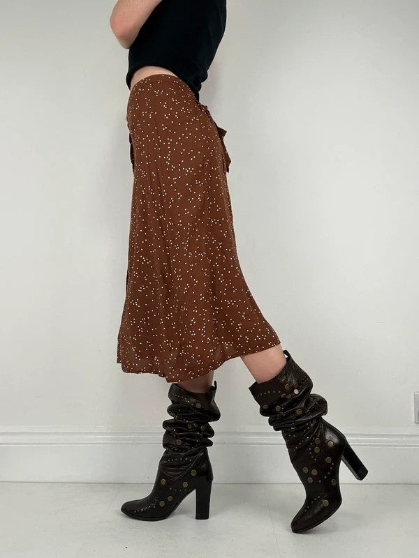 Brown polkadot button Rouje midi skirt