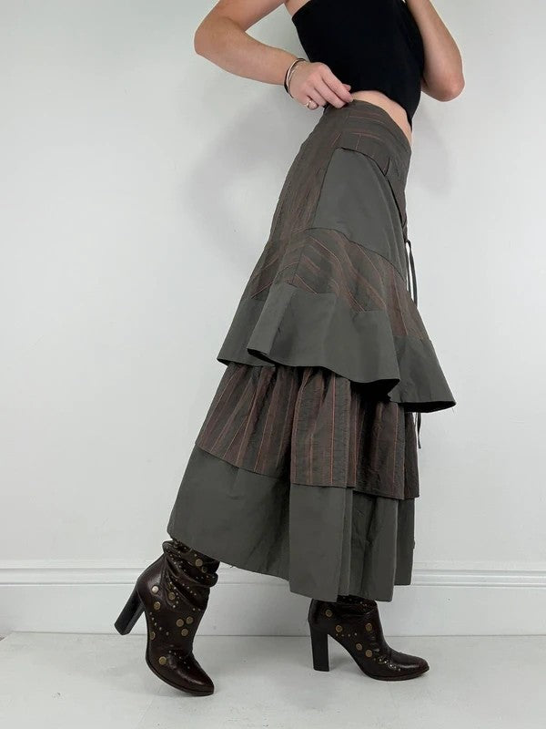 Khaki layered pinstripe maxi skirt