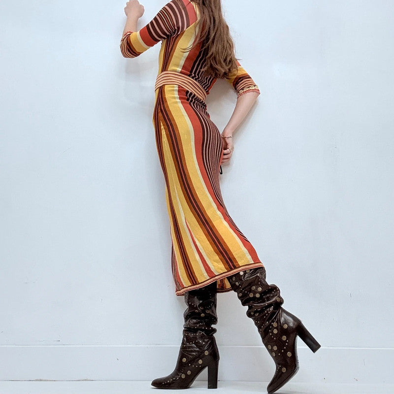 brown striped knitted crochet dress