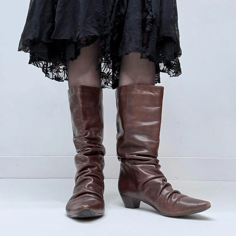 brown leather gathered cowgirl boots
