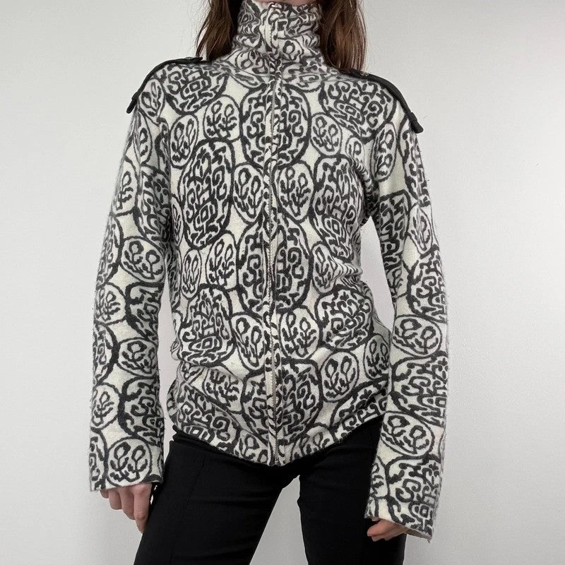 black and white slouchy patterned knit jumper, angora zip through funnel neck