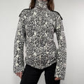black and white slouchy patterned knit jumper, angora zip through funnel neck