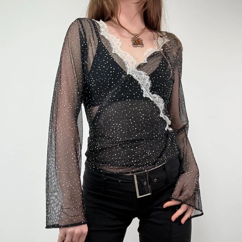Sheer Lace Polka Dot Wrap Shirt