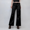 black wide leg flared low rise black satin jeans