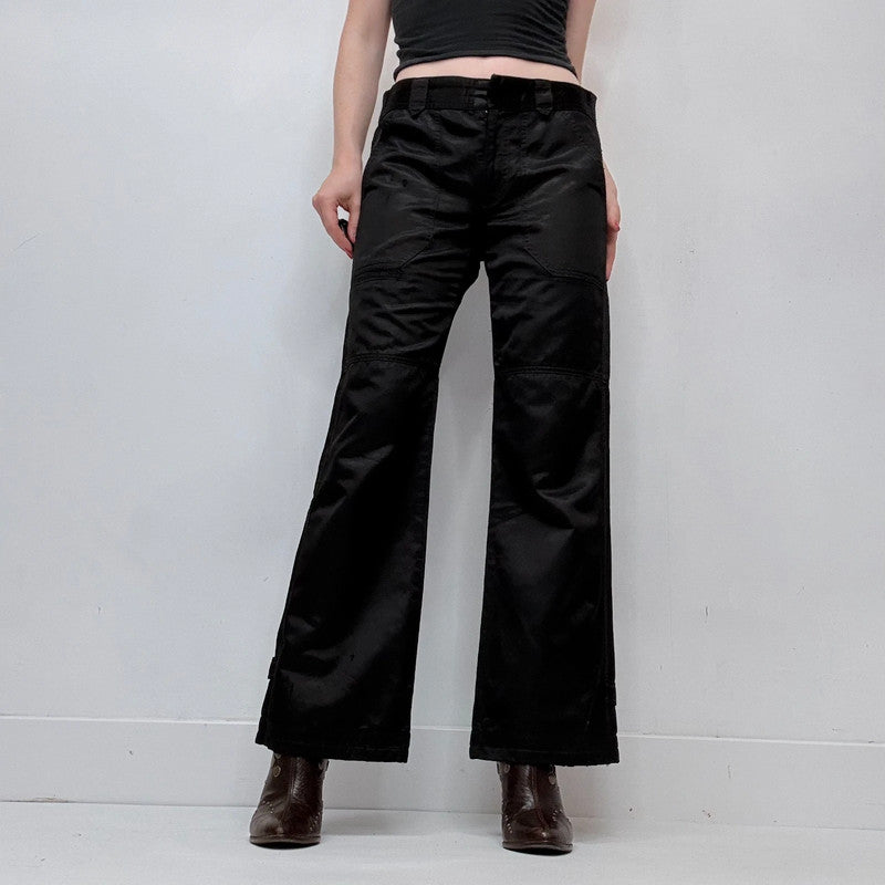 black wide leg flared low rise black satin jeans