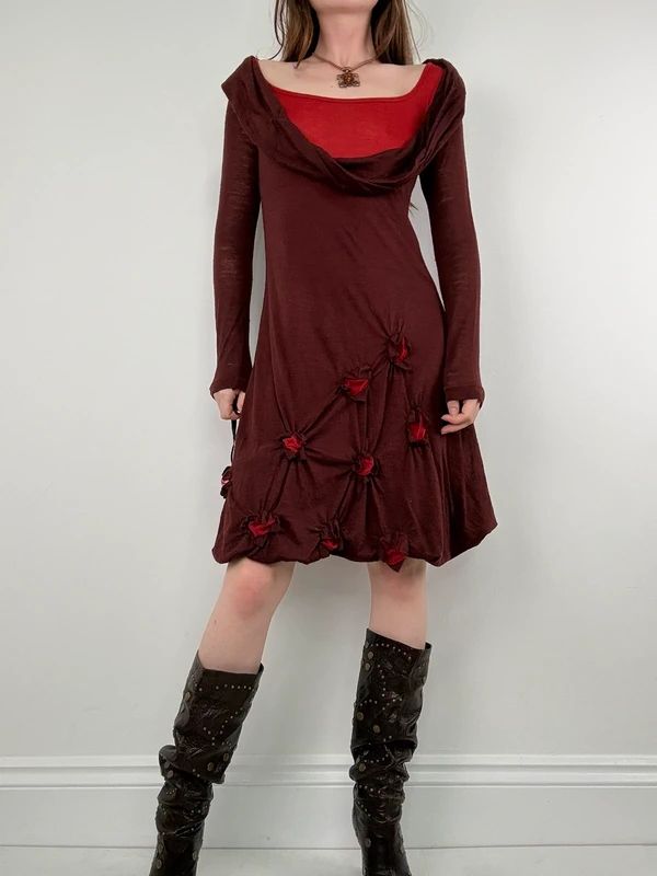 layered cinched long sleeve burgundy flared dress