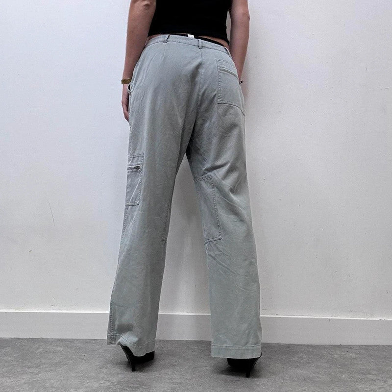wide leg flared khaki distressed utility trousers