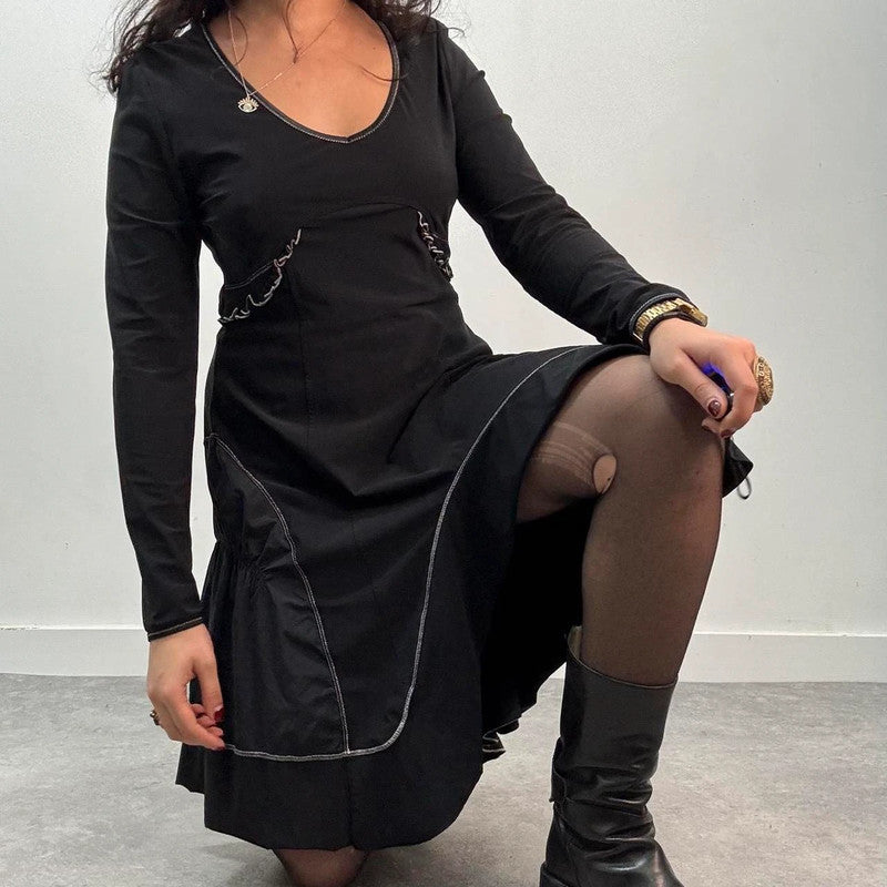 black flared handkercheif midi dress