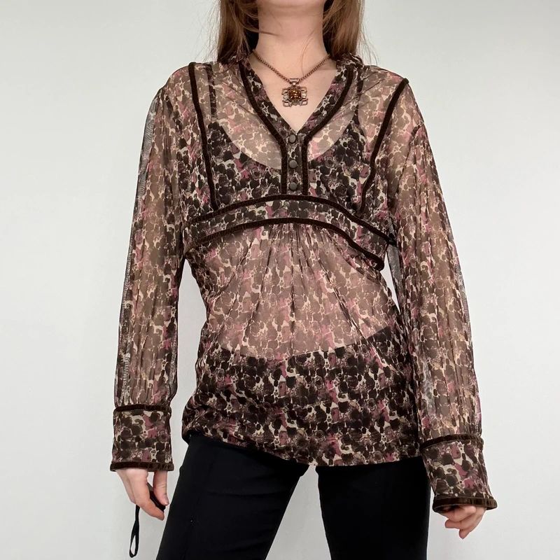 sheer brown and pink printed flared shirt