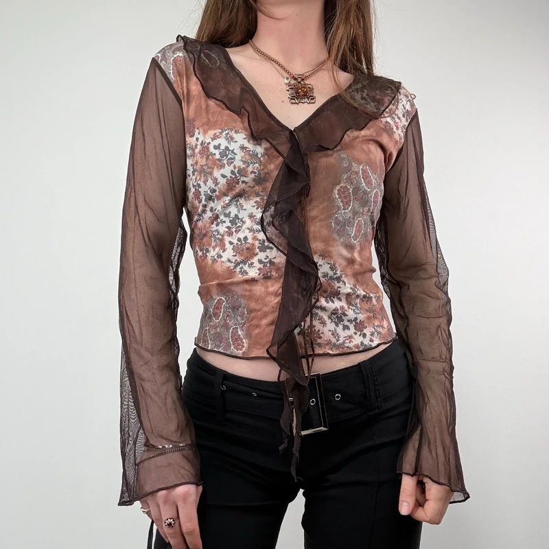 Brown floaty sheer Flared Boho Shirt