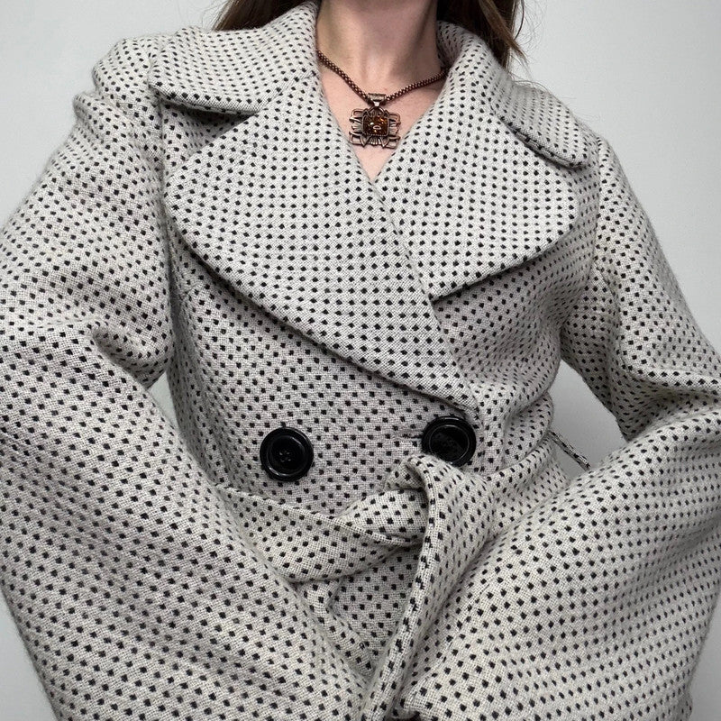 cream wool polkadot flared pea coat