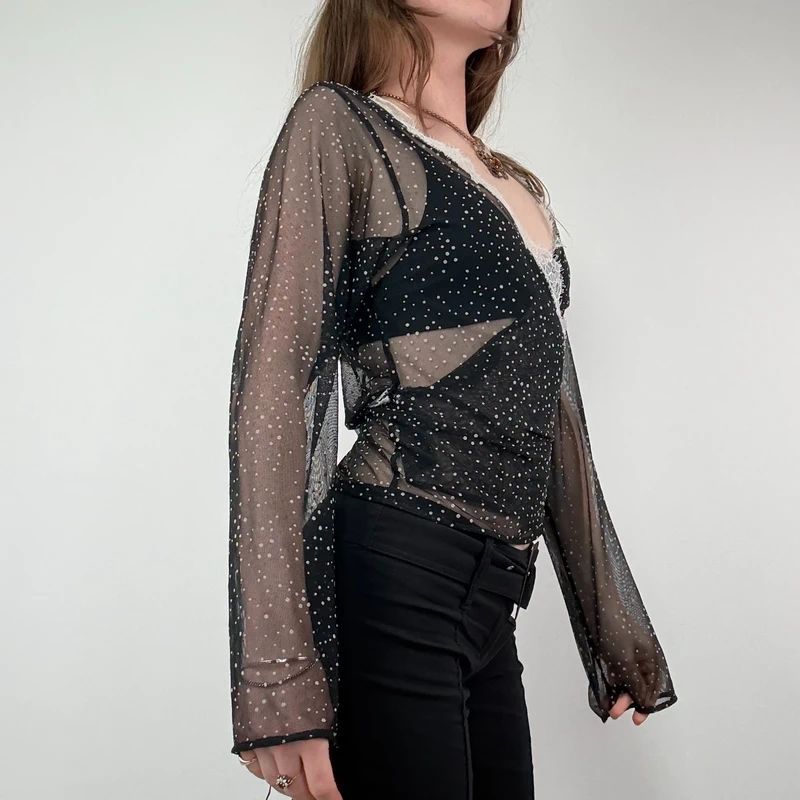 Sheer Lace Polka Dot Wrap Shirt
