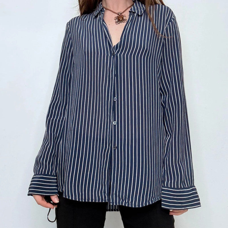 navy and white striped 100% silk shirt