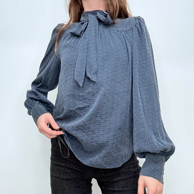 navy silk puff textured blouse