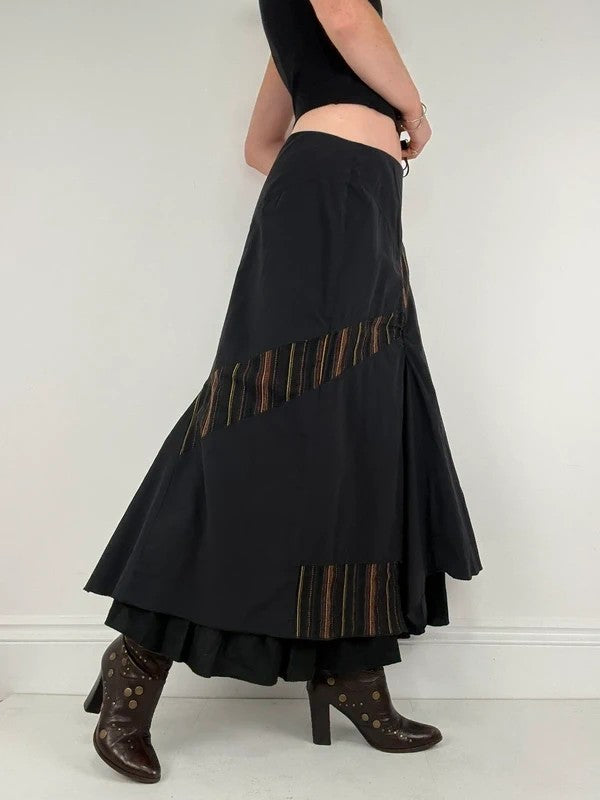 Black flared pleated pinstriped layered maxi skirt