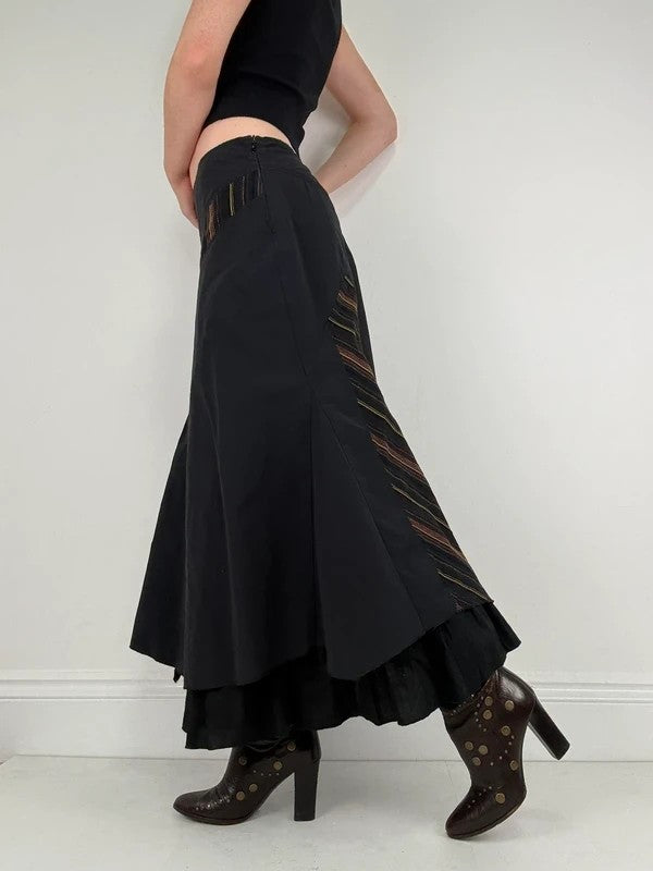 Black flared pleated pinstriped layered maxi skirt