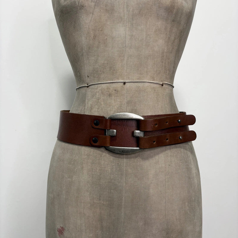 brown leather chunky buckl belt