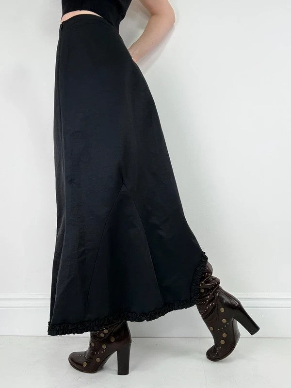 asymmetric black pleated gathered ribbon maxi skirt