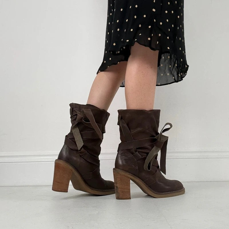 Chunky brown leather wrap around boots