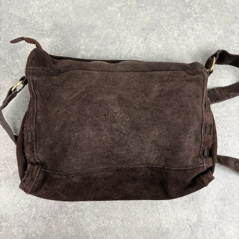 Brown cow hide leather satchel bag with gold embellishment