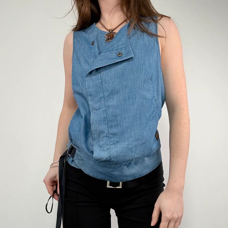 distressed denim asymmetric belted vest