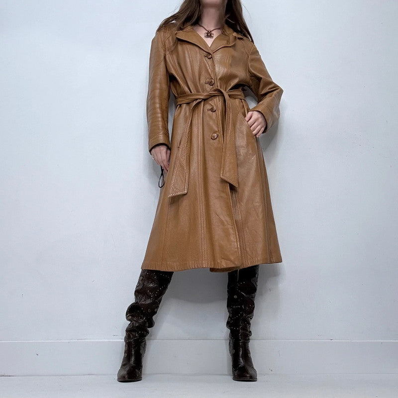 tan leather long trench coat