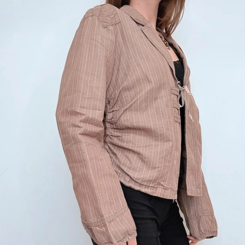 brown pinstripe fitted linen/cotton boxy pleated jacket