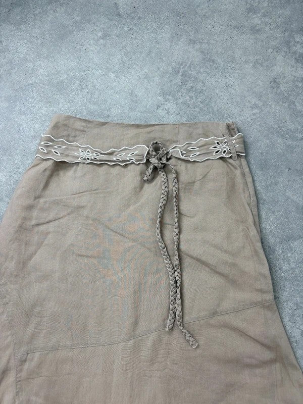 Beige linen boho western asymmetrical flared maxi skirt