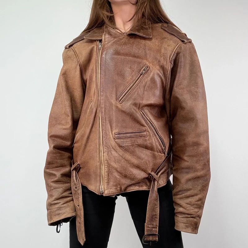 Oversized Brown leather Slouchy Biker Jacket