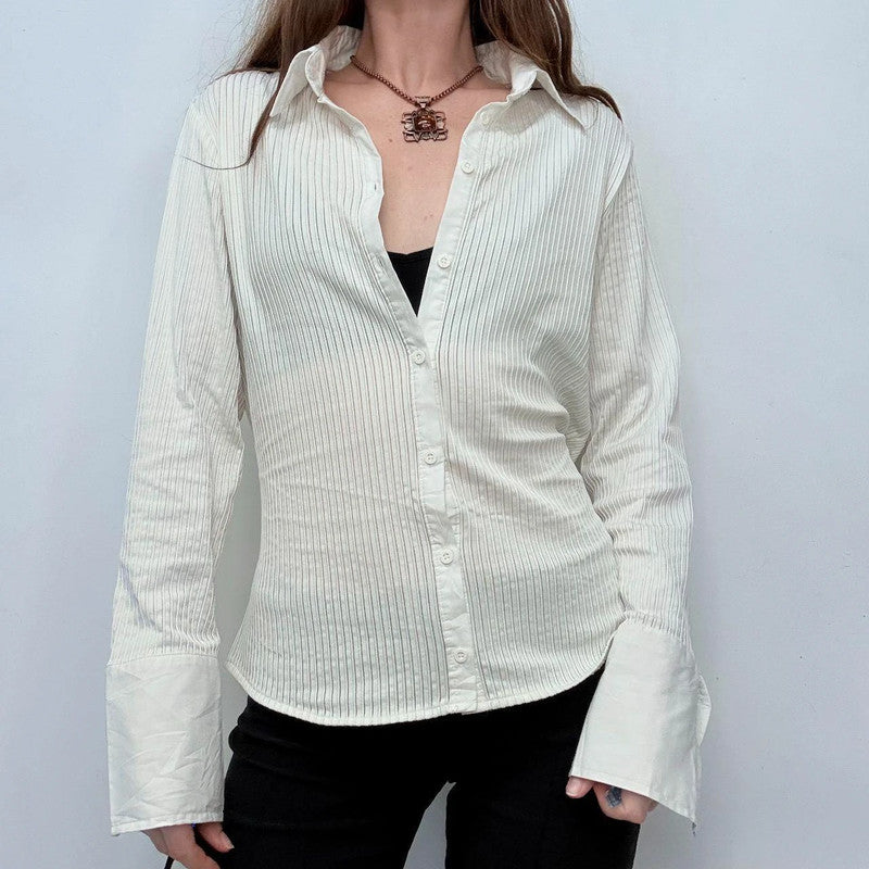 white pinstriped fitted stretch shirt