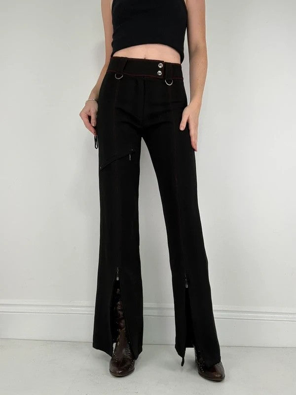 black pinstripe flared gothic d-ring utility trousers