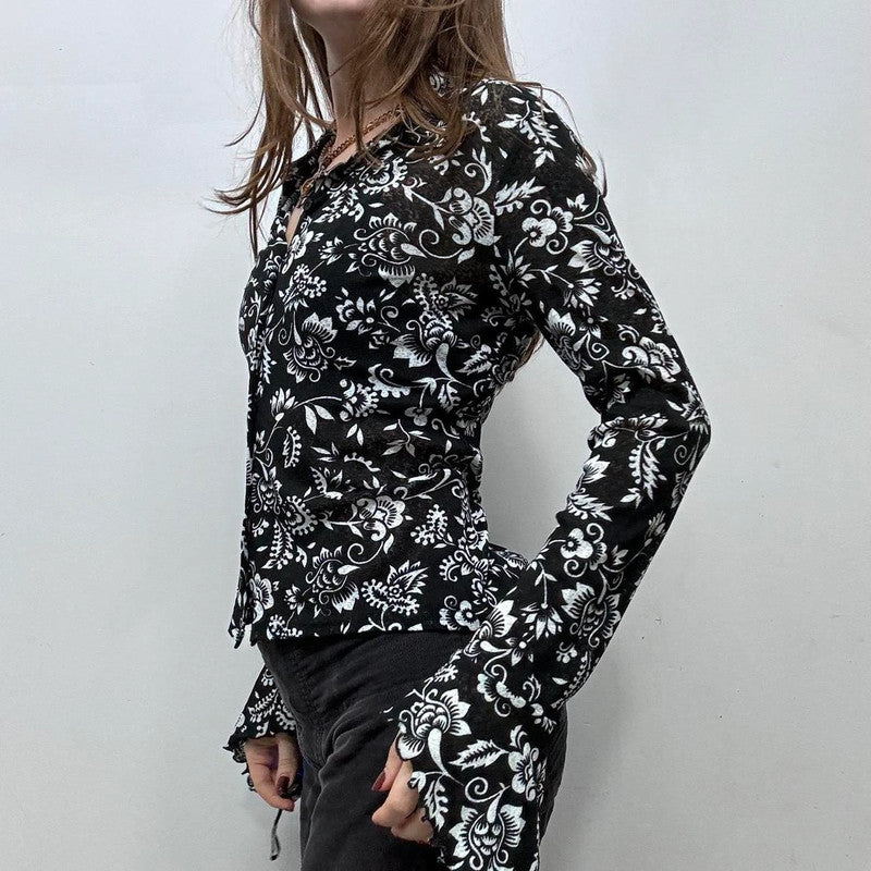 black floral sheer mesh lace shirt