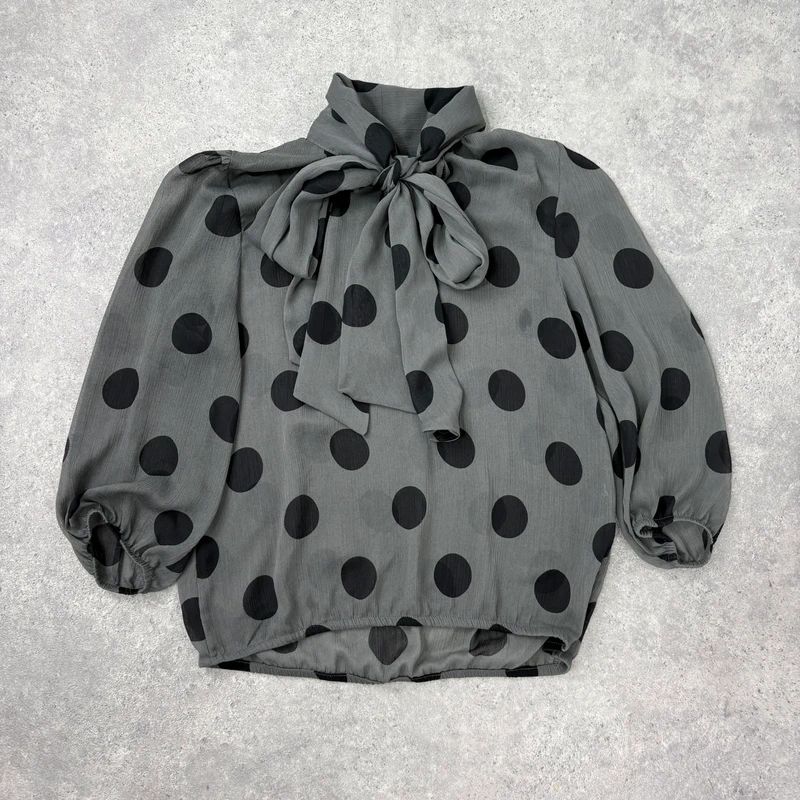 grey polkadot bow blouse