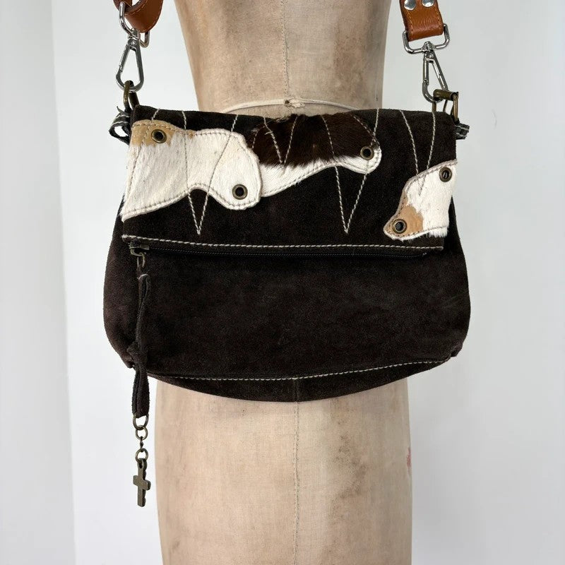 brown suede cowhide leather patchwork bag