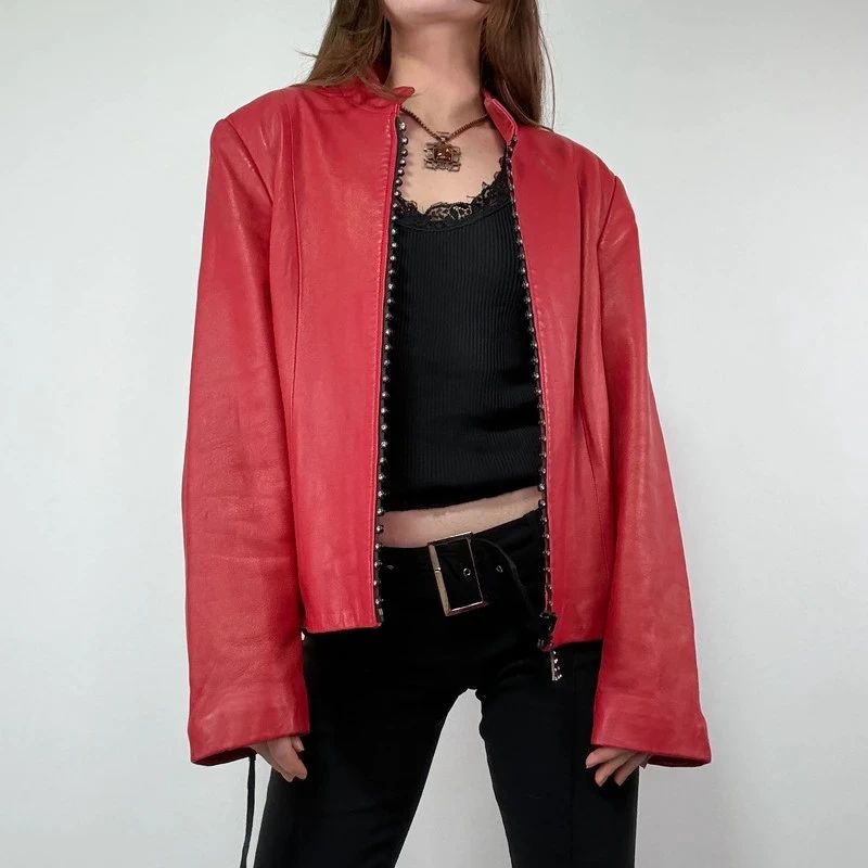 Red Studded Leather zip Jacket