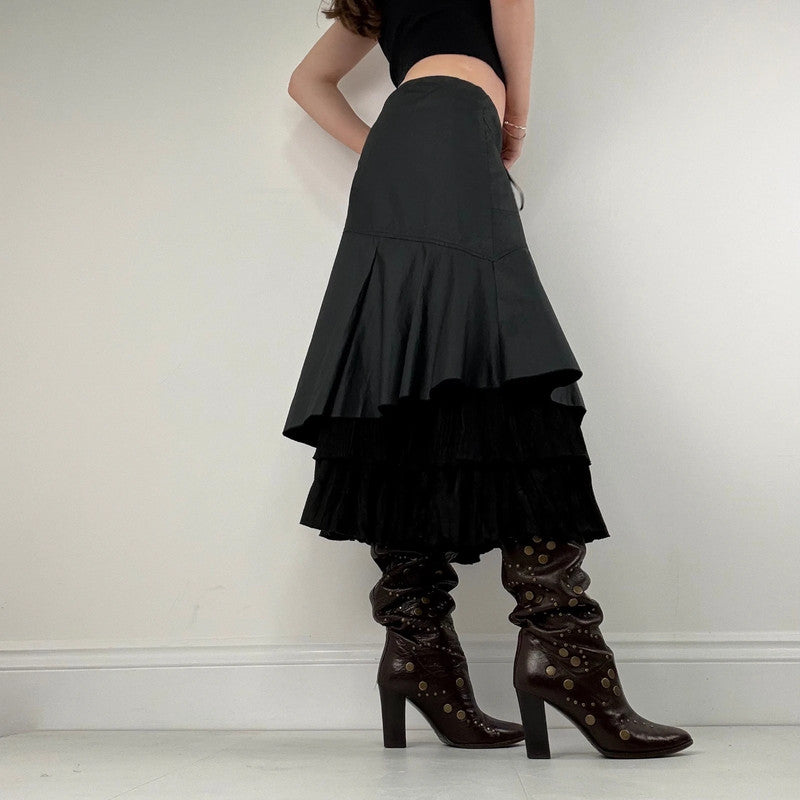 black pleated layered flared midi skirt