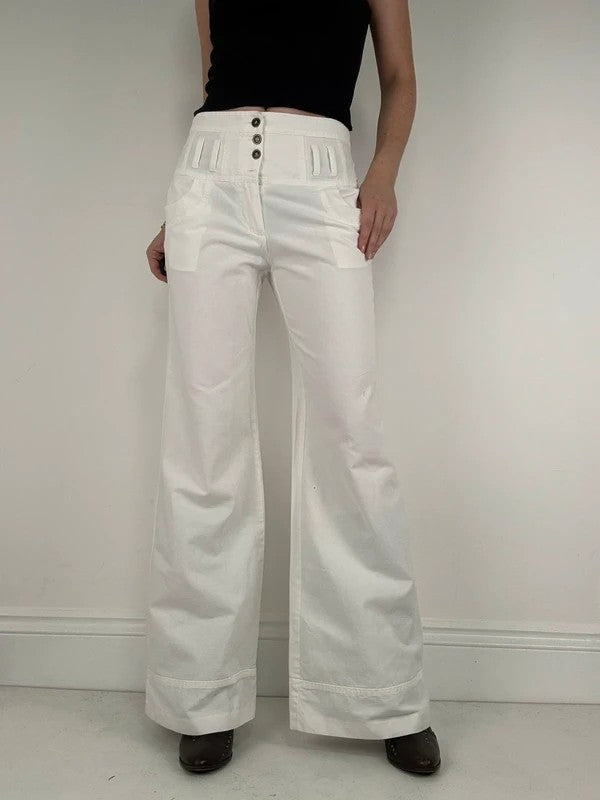 white flared wide leg button front cotton trousers