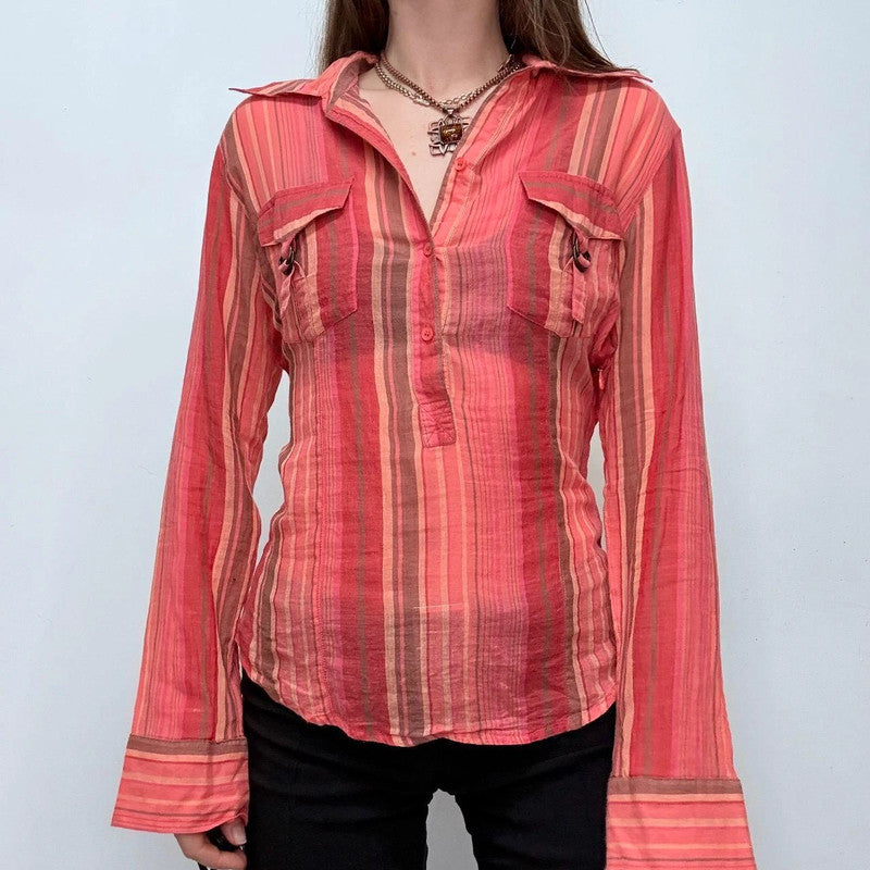 pinstripe sheer flared cargo shirt