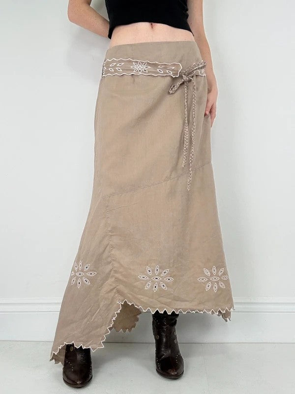 Beige linen boho western asymmetrical flared maxi skirt
