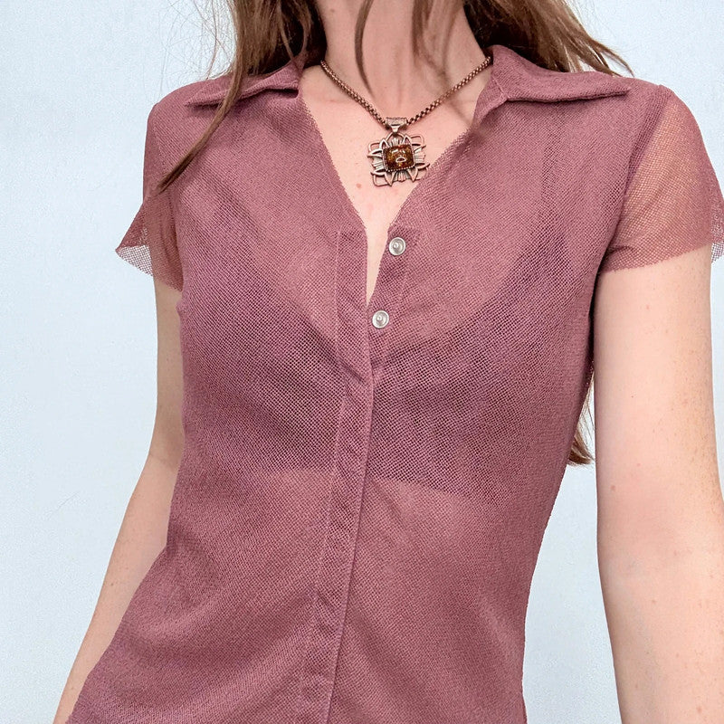 pink sheer mesh button shirt