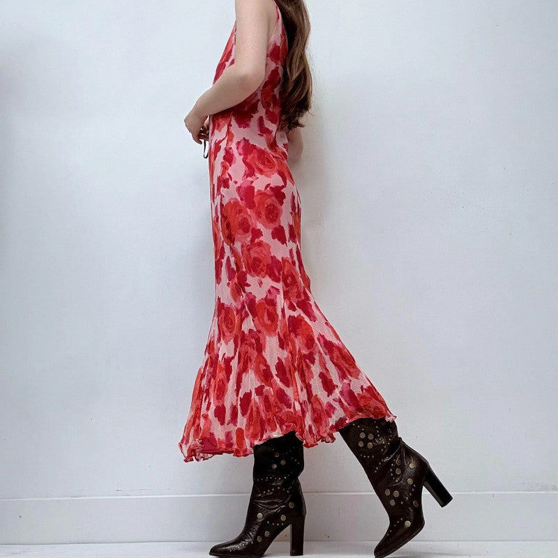 red floral rose silk bias cut maxi dress