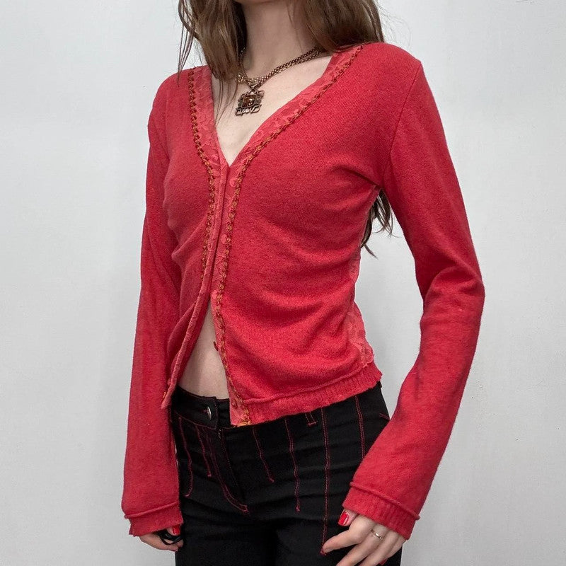 red lace knit cardigan