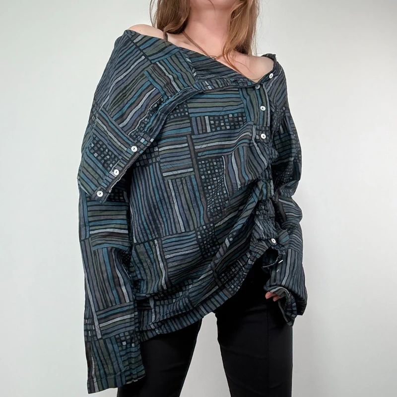 Asymmetric fold over draped checked pinstripe Shirt