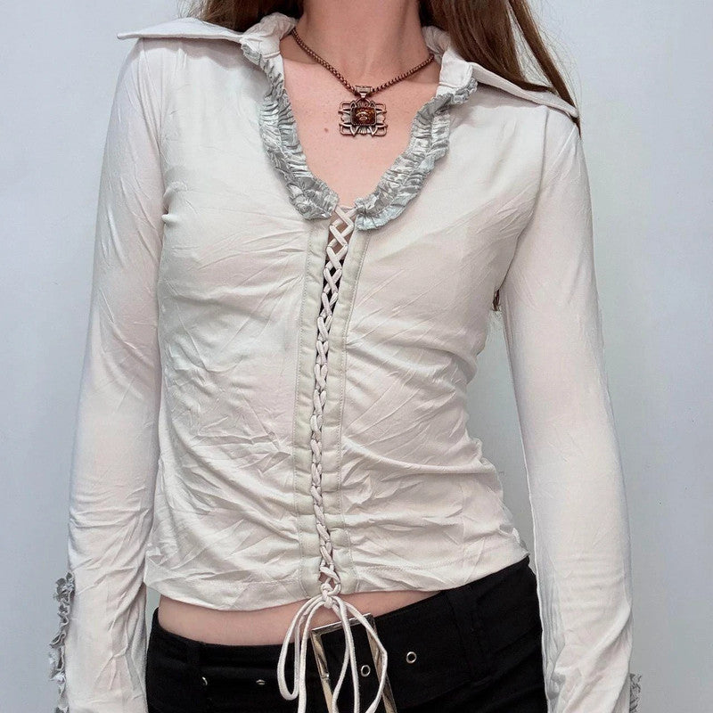 white lace up corset crinkle shirt