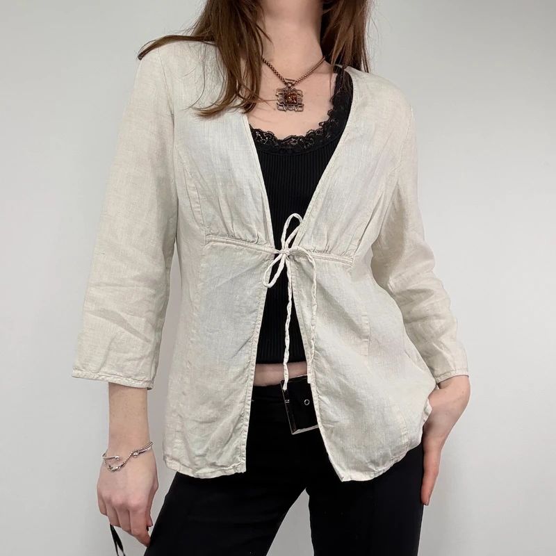 cream linen flared tie up shirt