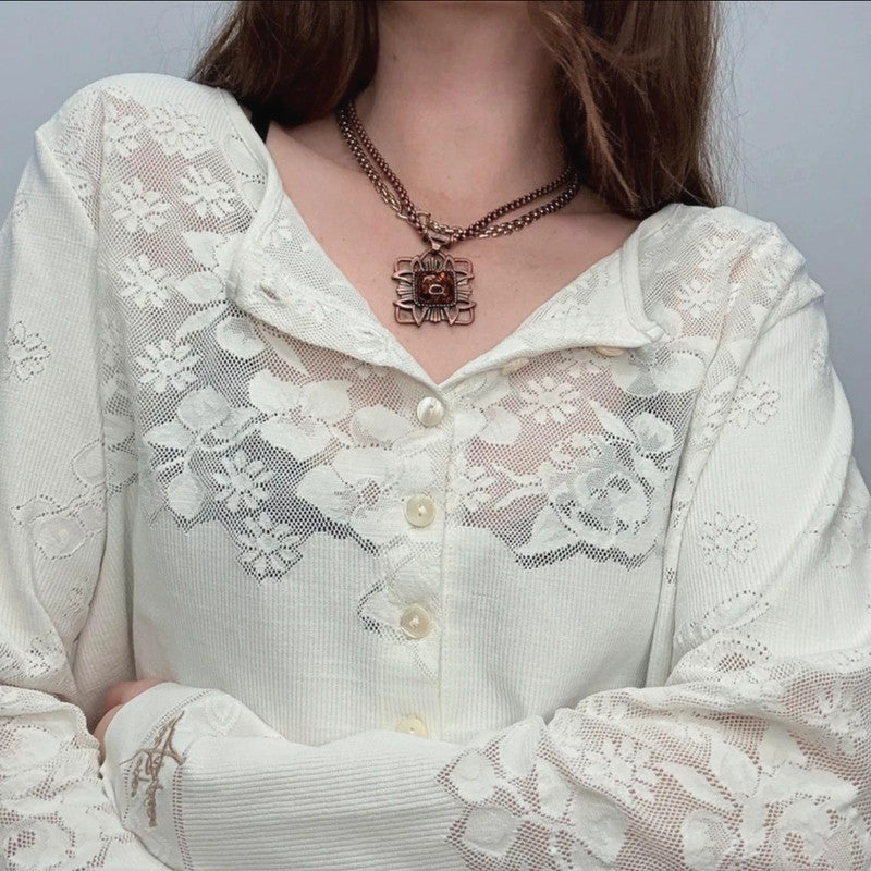 Cropped lace pointelle cardigan
